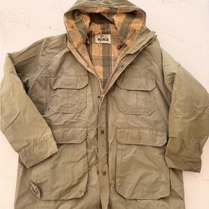 Vintage Woolrich Hooded Field Jacket Plaid Lined Utility Coat Olive Green Men’s